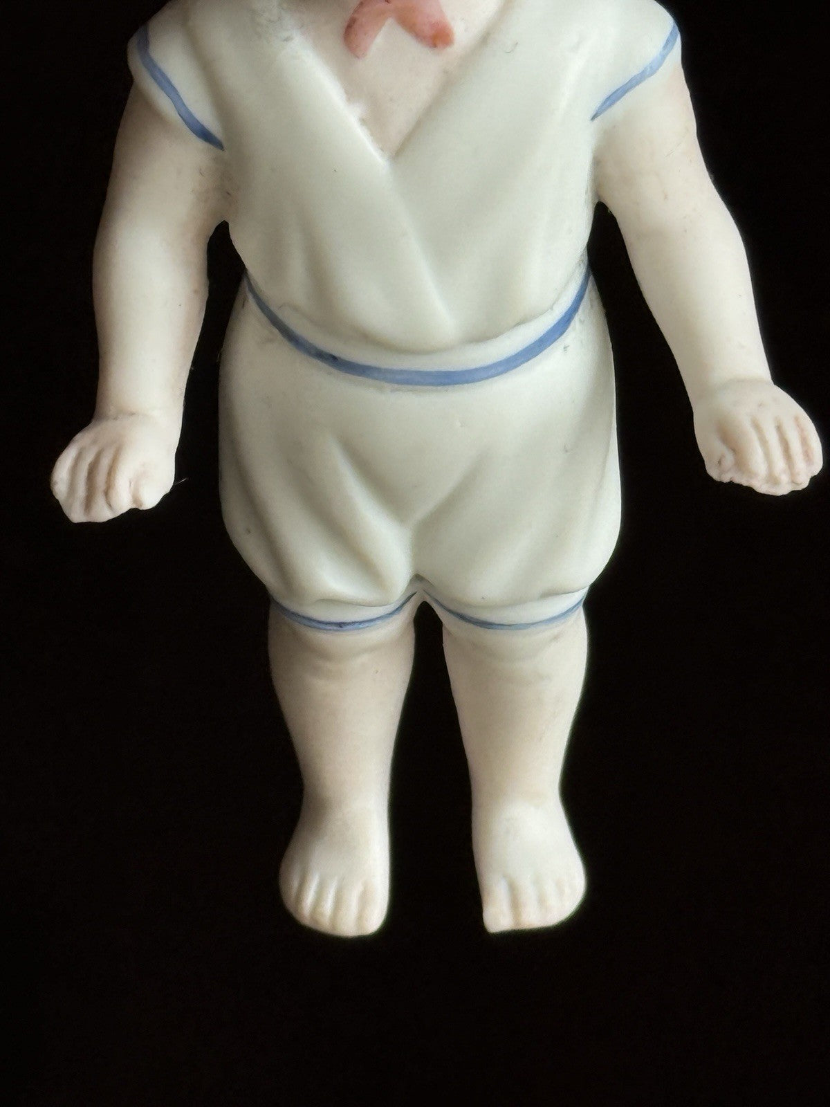 Antique German 4” Frozen Charlotte Bisque Doll With Molded Bonnet/Swim Suite