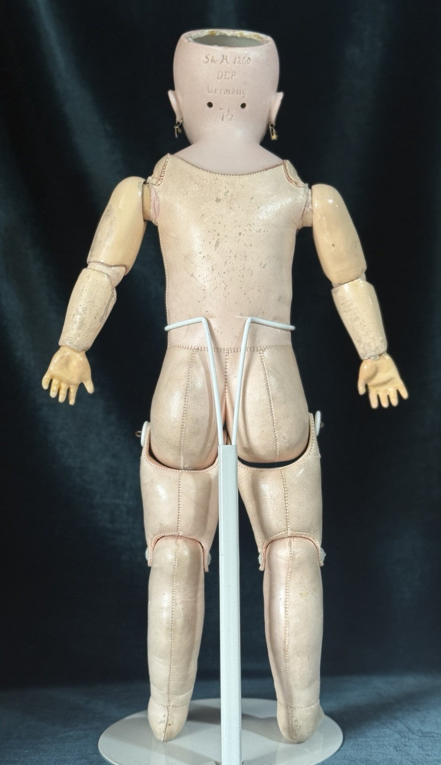 Antique German Simon Halbig Dep 1260 Bisque Head Leather Kid Body 20.5” Doll