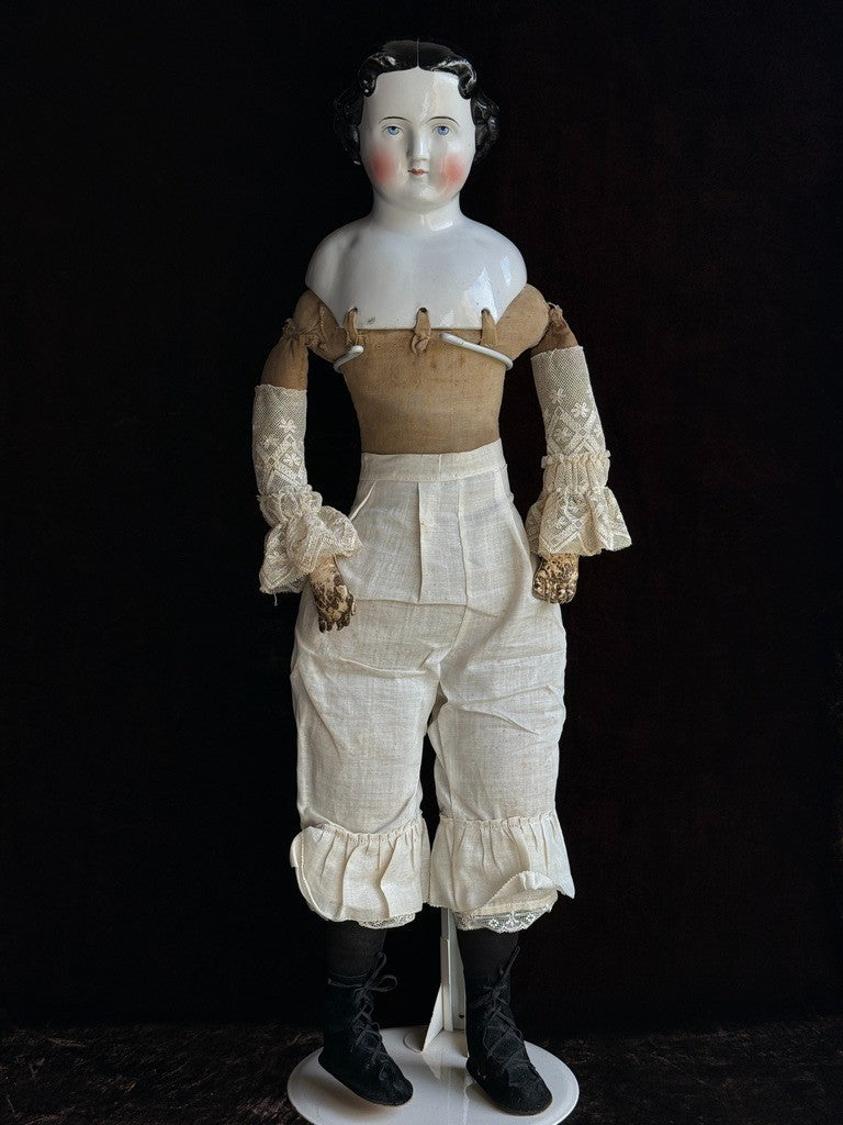 Large Antique German 27” Highbrow Flat Top Brunette China Fashion Doll