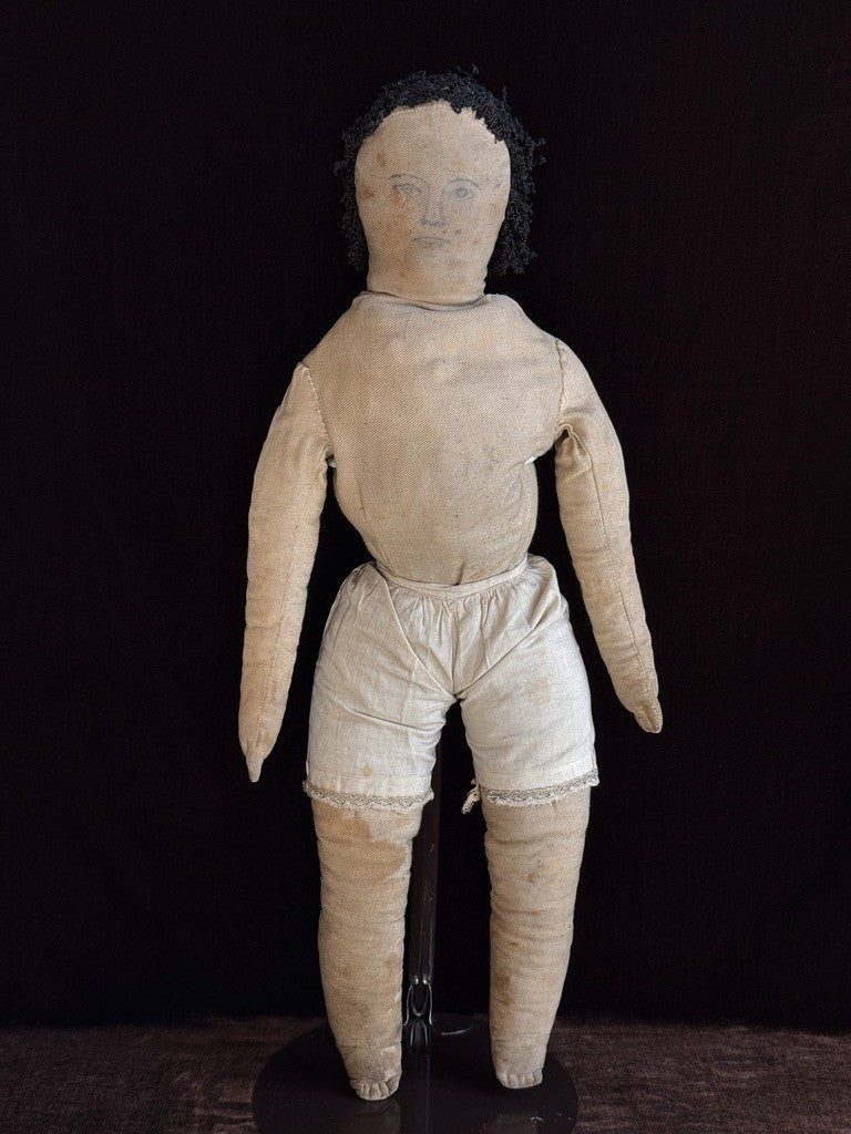 Antique American 21" Primitive Folk Art Cloth Rug Portrait Doll