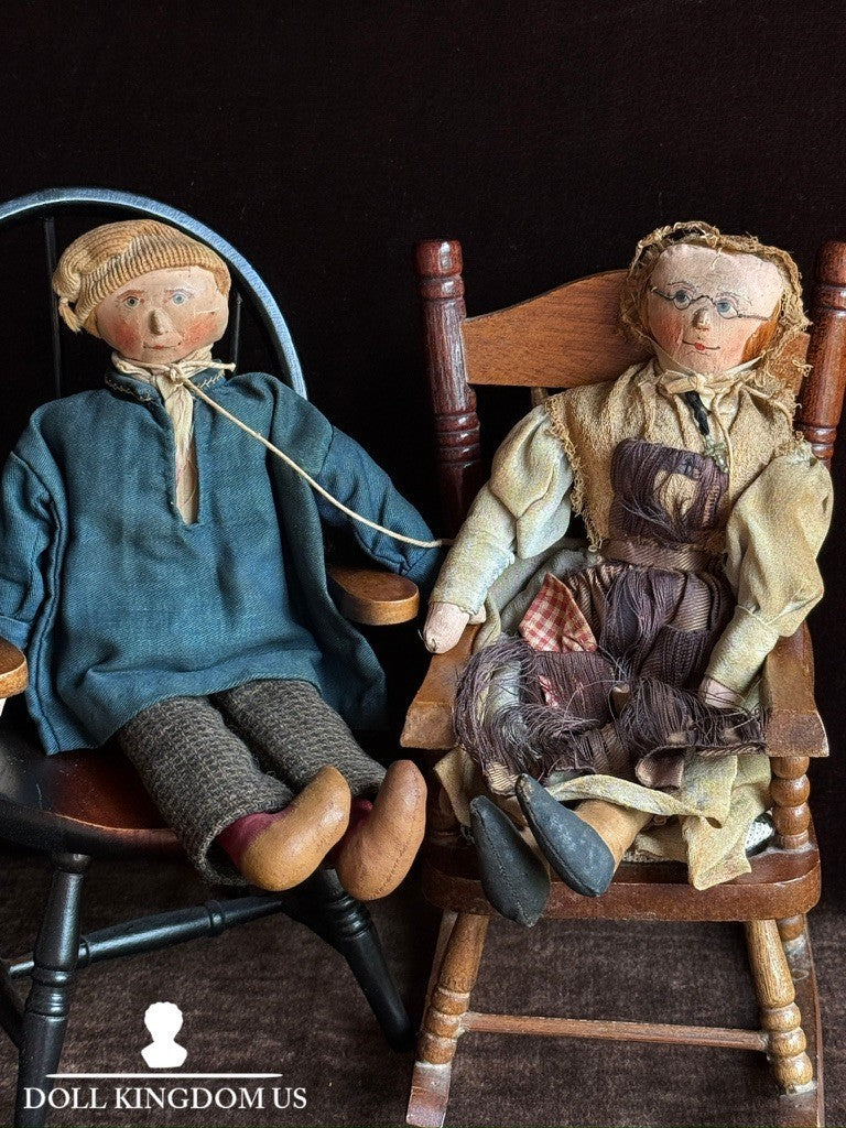 Lot of 2 Antique European Cabinet Size Handmade Folk Cloth Oil Painted Dolls