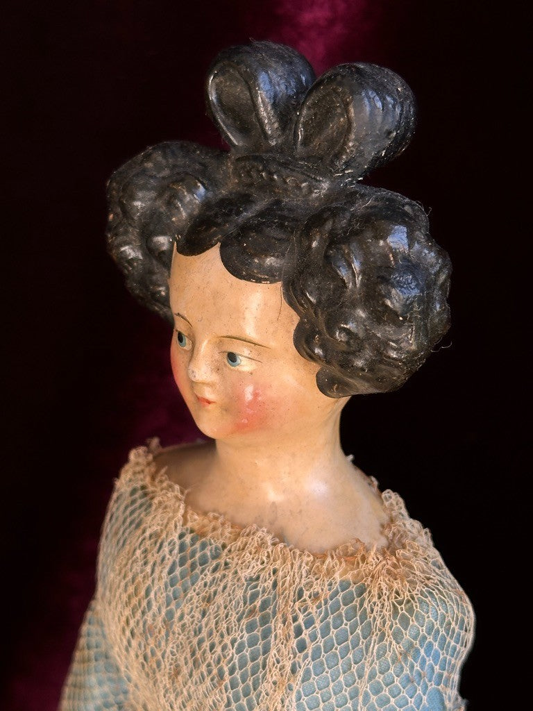 Antique German 12.75” Papier Mache Milliner’s Model Apollo Knot Coiffure Doll