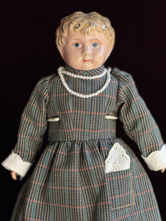 Antique German 16” Minerva Metal Tin Head Doll