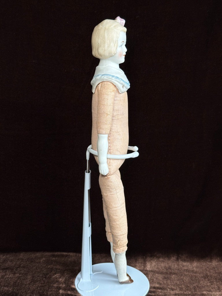 Antique German Hertwig 12” Bisque Molded Shoulder Plate and Bow Girl Doll