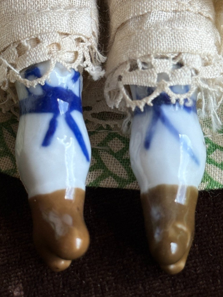 Antique German 7.5” Bisque Cloth Miniature Dollhouse Parian Girl Doll