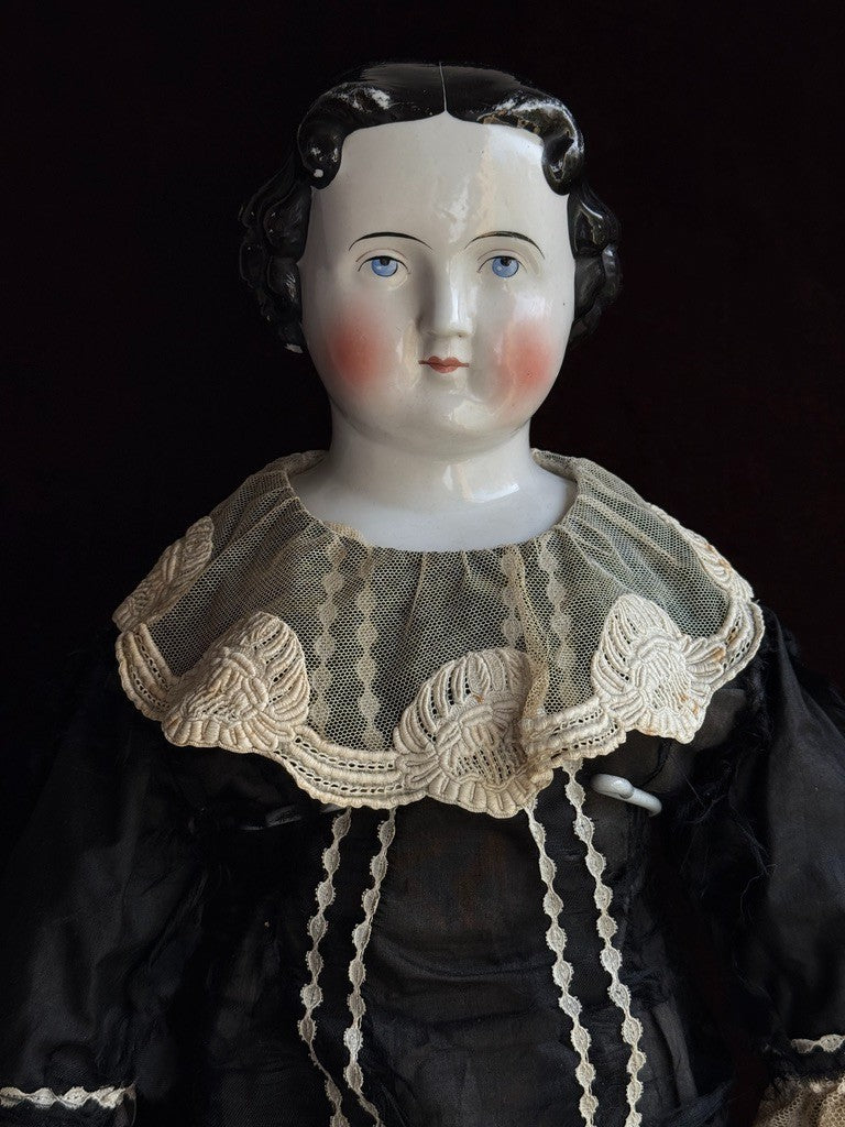 Large Antique German 27” Highbrow Flat Top Brunette China Fashion Doll