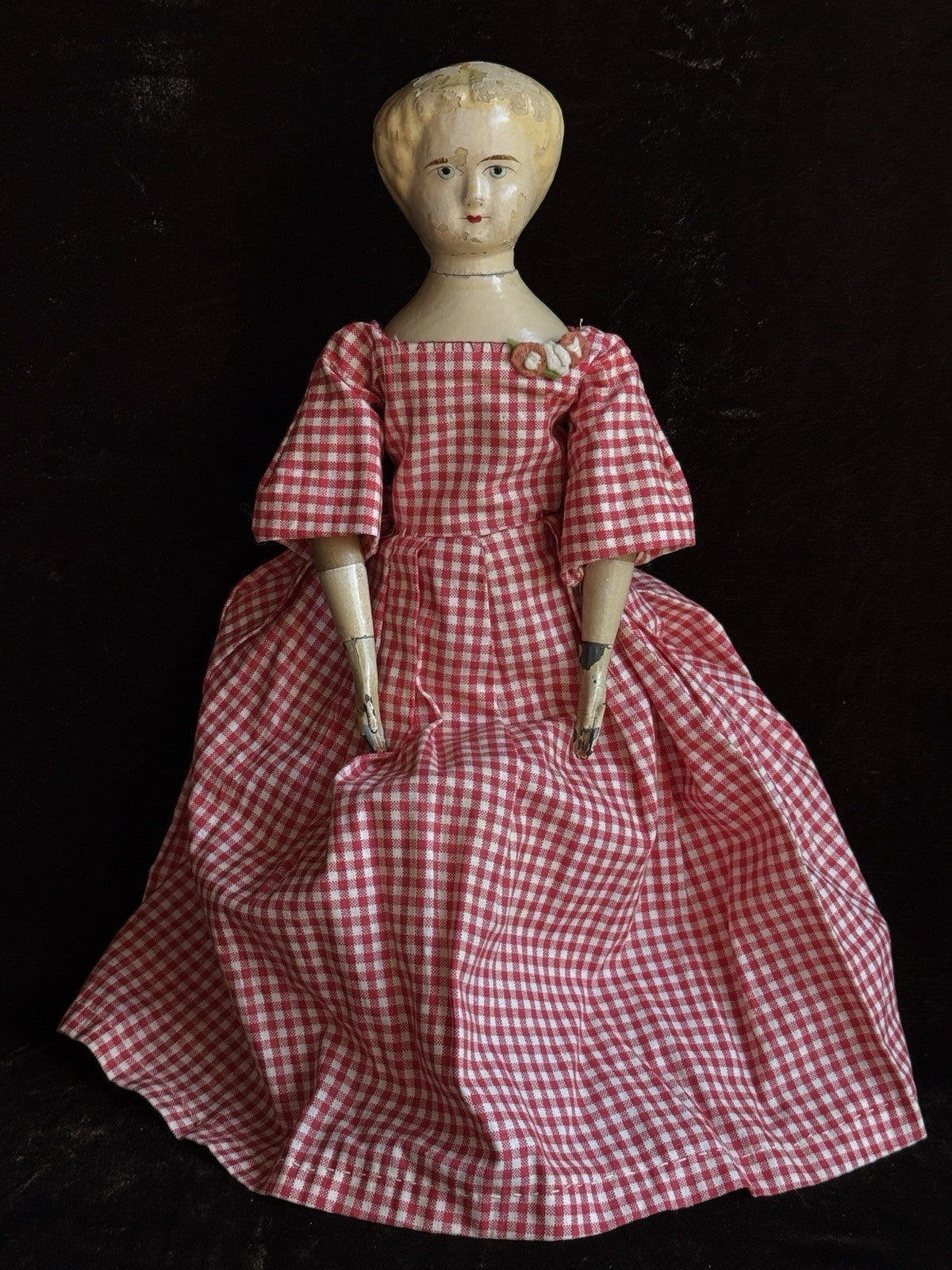 Antique American Mason & Taylor 11.5” Papier Mache Wood Metal Doll