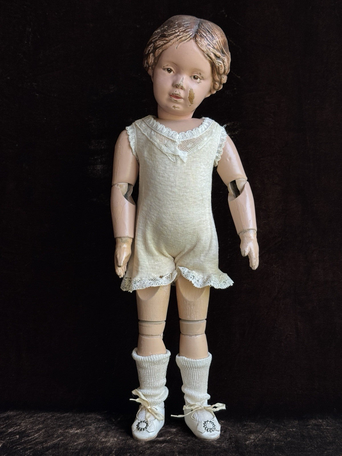 Antique American 16.5” Schoenhut 102 Series Wooden Doll Carved Braided Hair Bow
