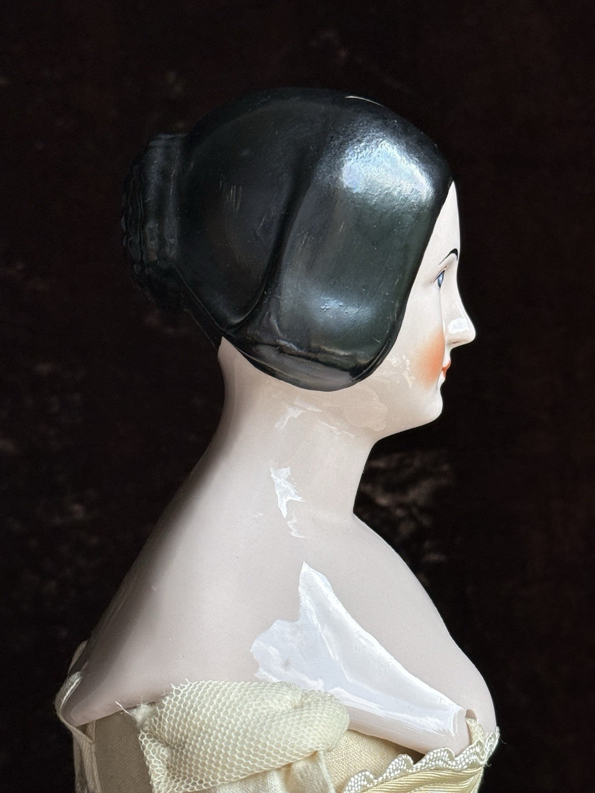 Vintage 16.5” Emma Clear Fanny Elssler China Head Doll with Molded Bun