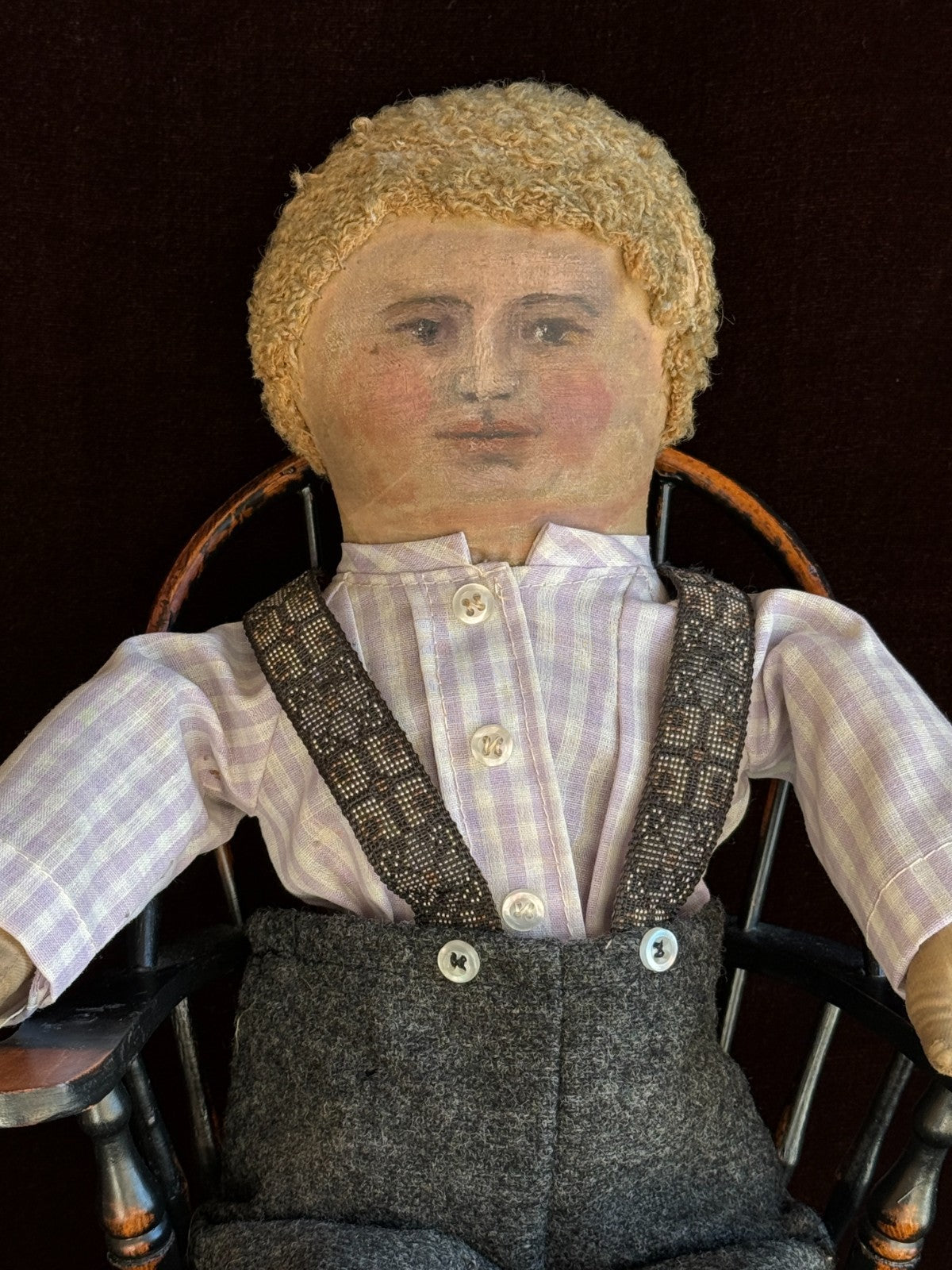 Antique American 18" Primitive Oil Painted Portrait of Boy Cloth Rug Doll
