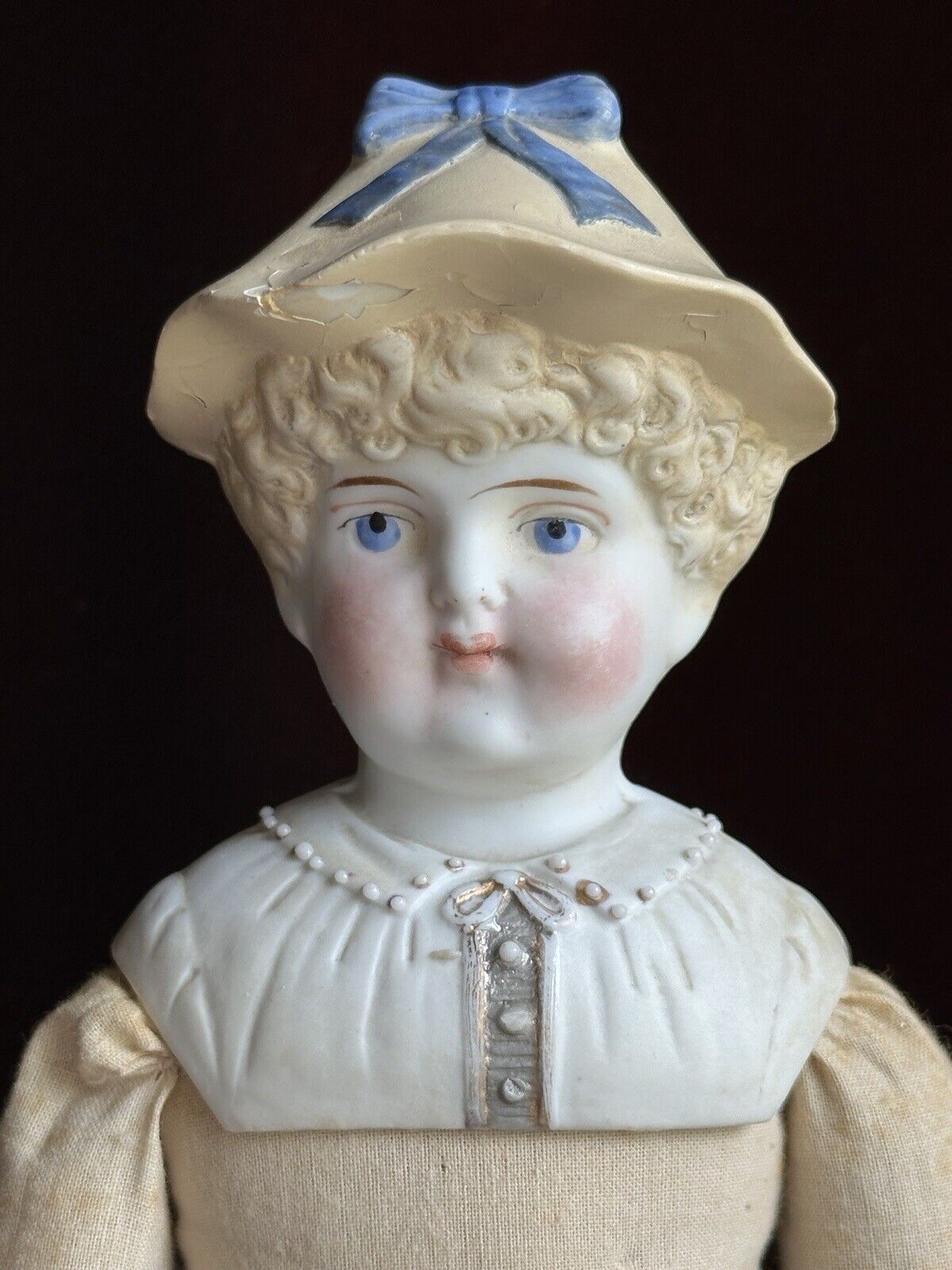 Antique German Hertwig 14” Molded Hat Parian Bisque Shoulder Head Doll