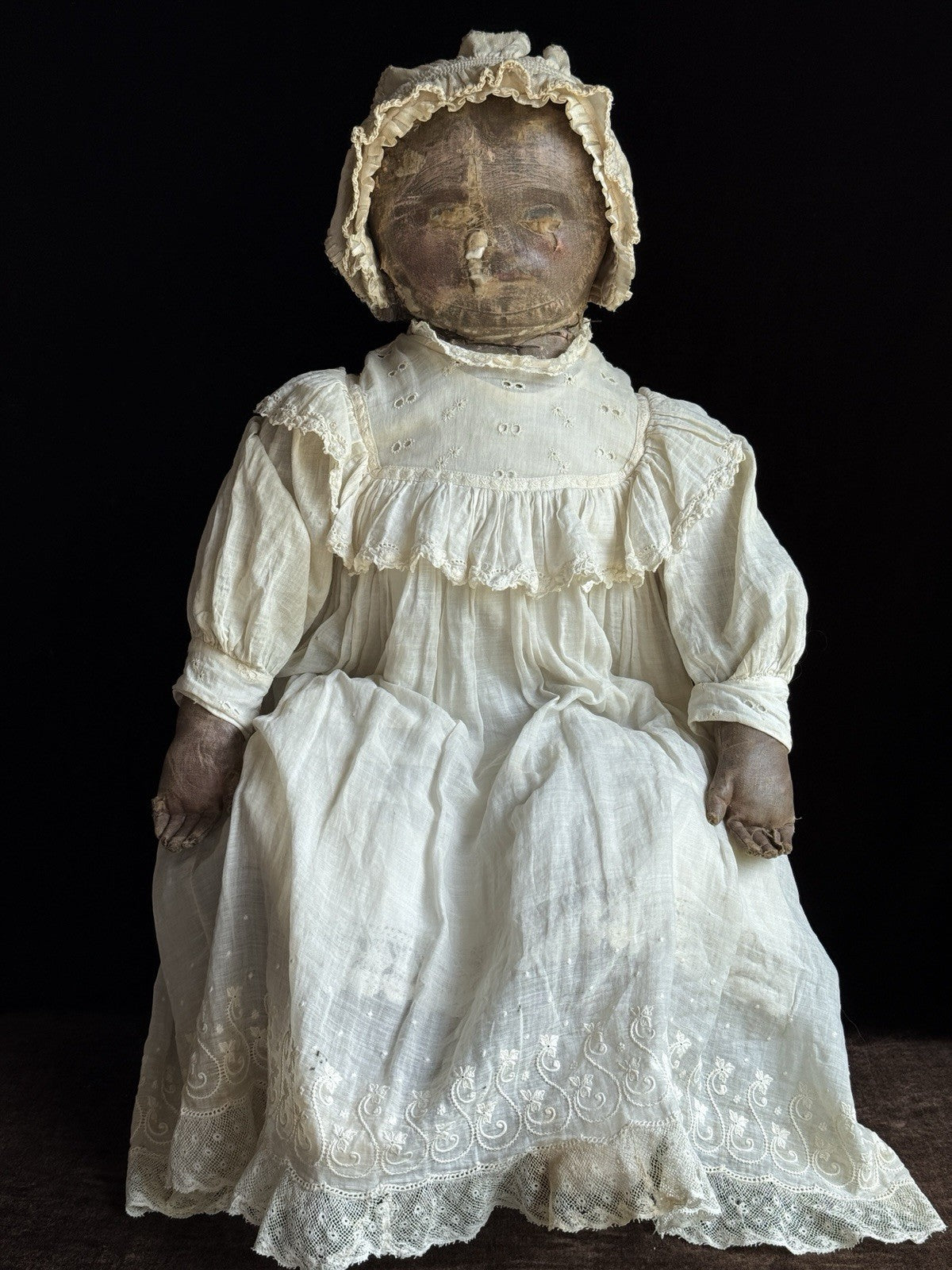 Early Antique American 28” Primitive Folk Cloth Rug Oil Painted Doll