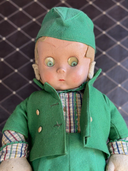 Vintage Italian 23” Lenci Didi (?) Felt Cloth Doll with Googly Disc Eyes