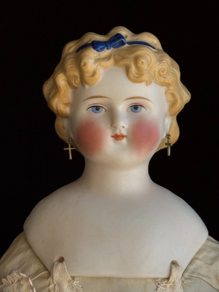Antique German 17.5” Dolly Madison China Parian Bisque Head Doll Pierced Ears