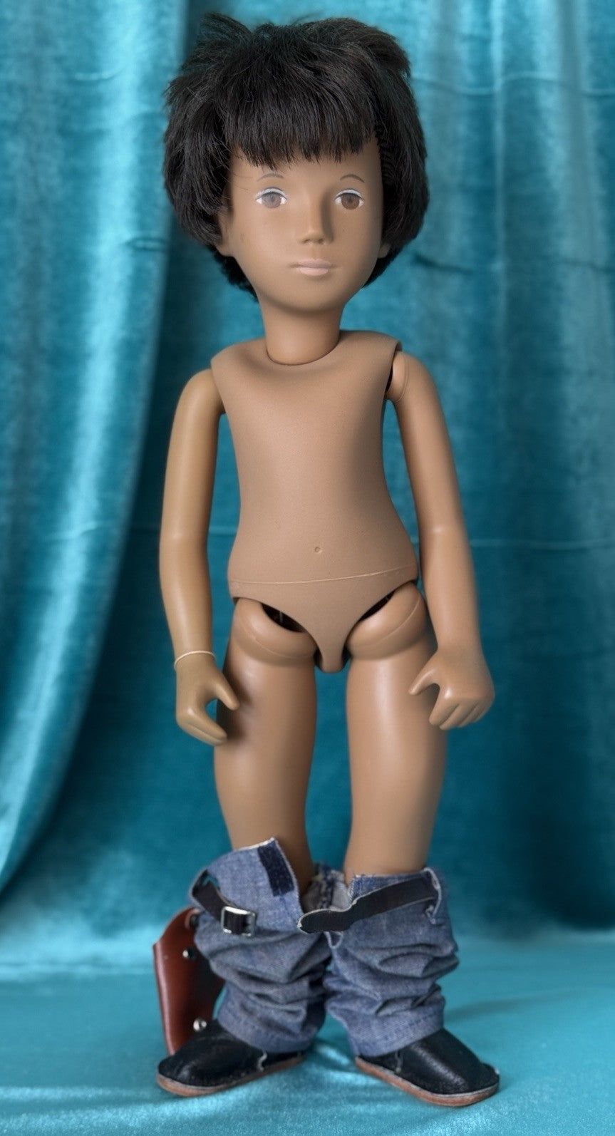 Collectible England Vinyl Brunette Boy Doll; Redressed/Denim Top