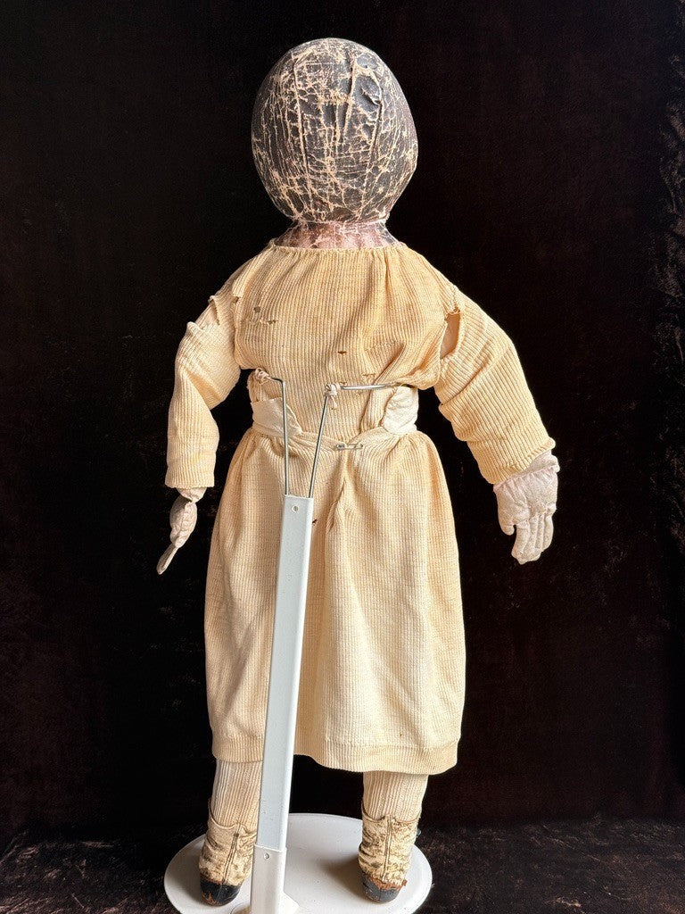 Early Antique American 28” Primitive Folk Cloth Rug Oil Painted Portrait Doll