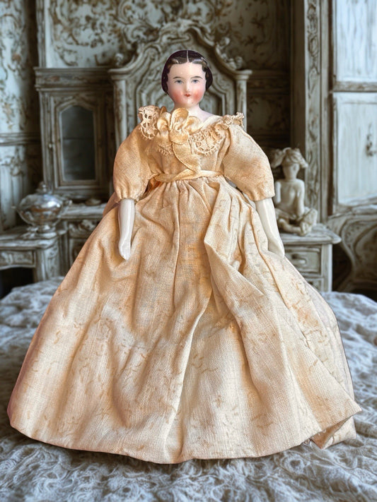 Antique German 4.5” Flat Top Bisque Cloth Miniature Dollhouse China Doll
