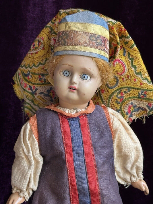 Rare Antique Russian 11” Dunaev Factory Bisque/Wood (?) Jointed Girl Doll