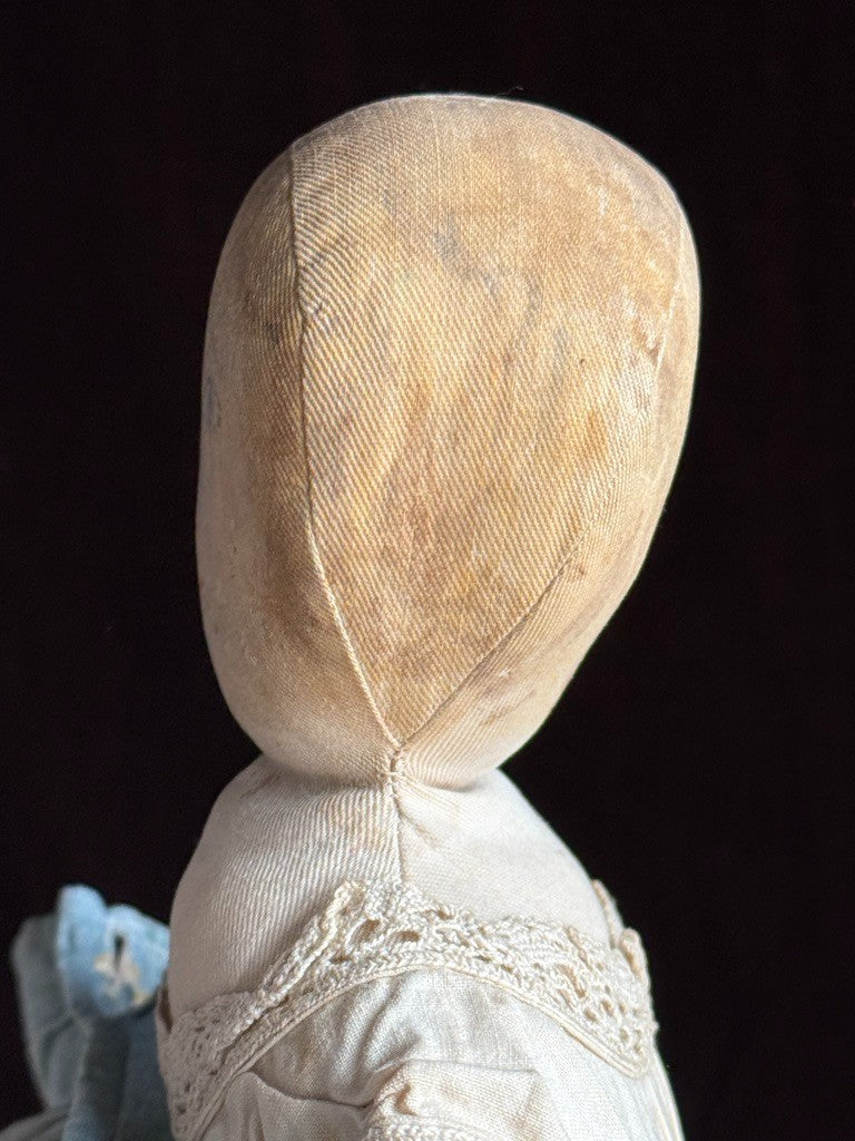 Antique American Moravian Style 16" Primitive Folk Art Cloth Rug Portrait Doll