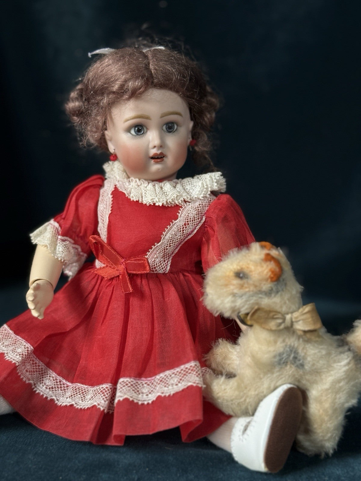 Porcelain/Composition 11” Reproduction of Antique French Bleuette Doll Red Dress
