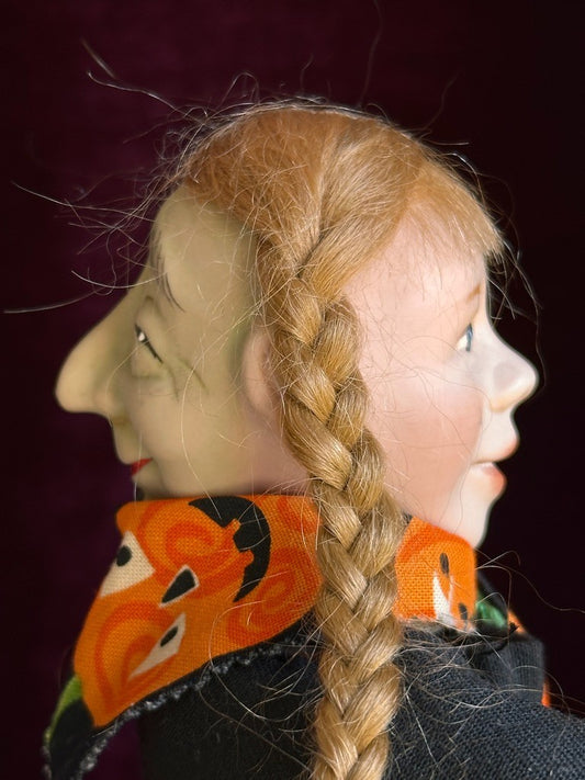 Porcelain/Composition UFDC (?) Artist Two-Faces 9.25" Halloween Girl/Witch Doll