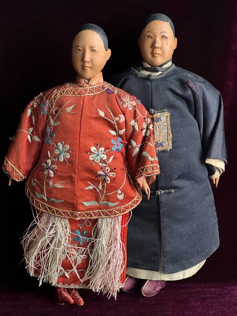 Pair of Antique Door of Hope Mission Carved Wood Cloth Bride and Groom Dolls