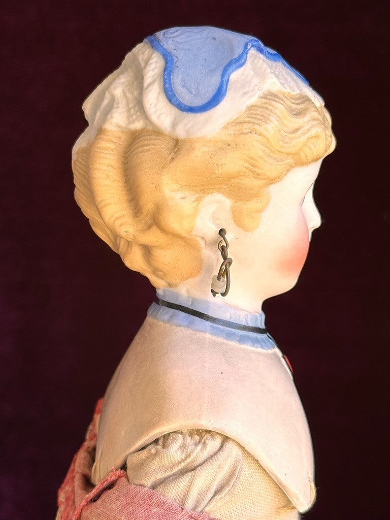 Antique German 15” Fancy Parian Bisque Head China Doll with Pierced Ears
