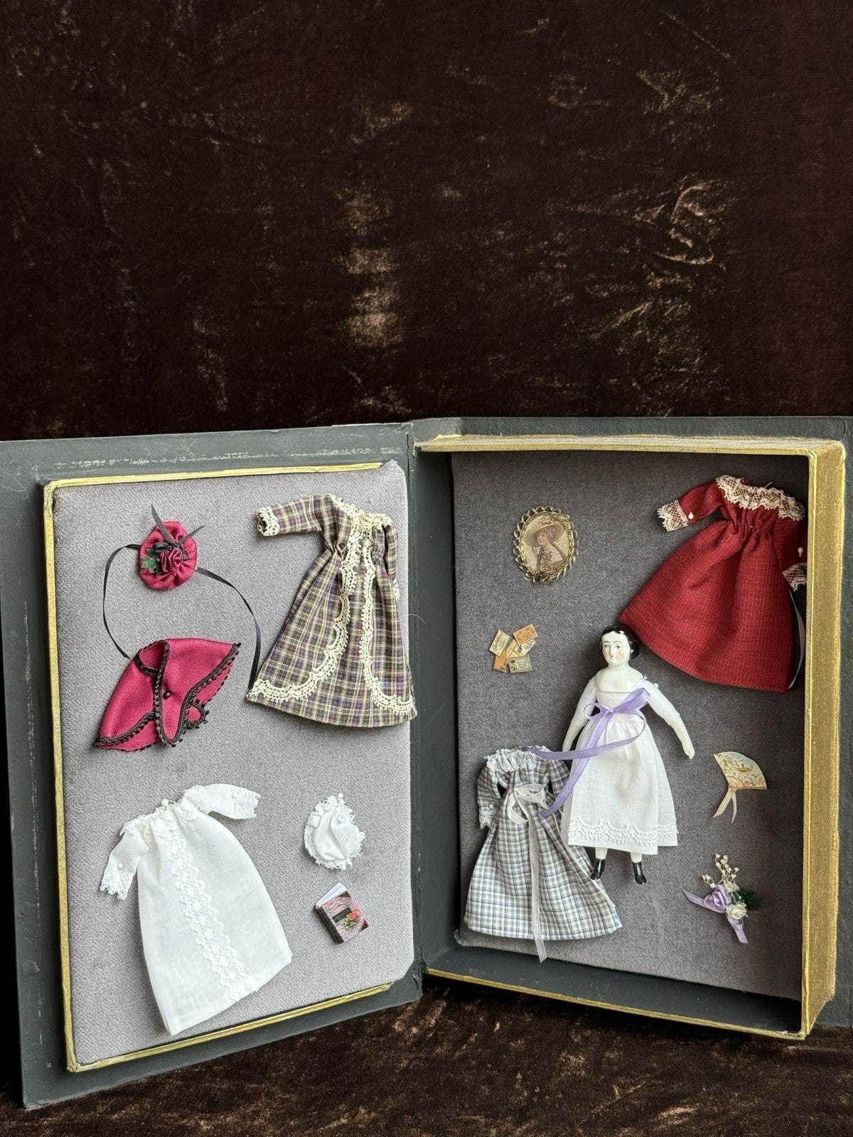 Miniature Porcelain Repro of China Doll by Rosemarie Snyder with Wardrobe Set