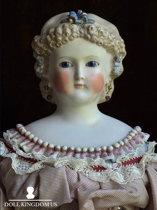 Antique German 19” Kling Bisque Head Parian China Dresden Doll Glass Eyes