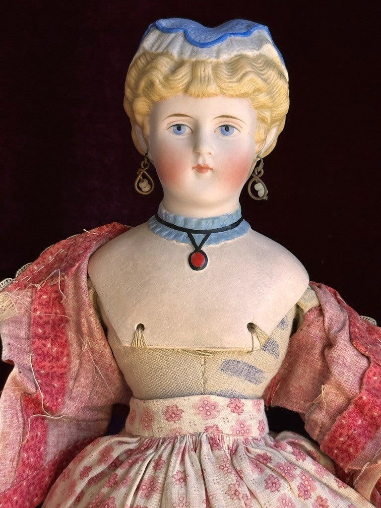 Antique German 15” Fancy Parian Bisque Head China Doll with Pierced Ears