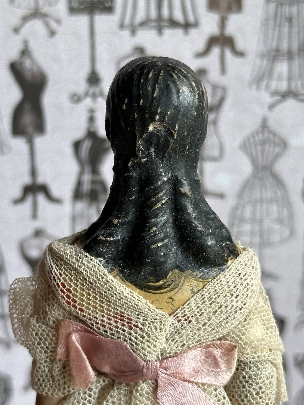 Antique German 6.75” Papier Mache Milliner’s Model Dollhouse Spilled Curls Doll