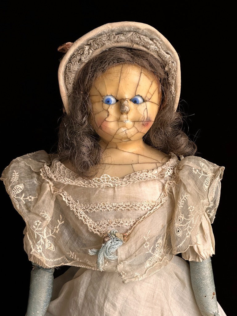 Antique English All Original Mad Alice 22” Wax Over Papier Mache Head Doll