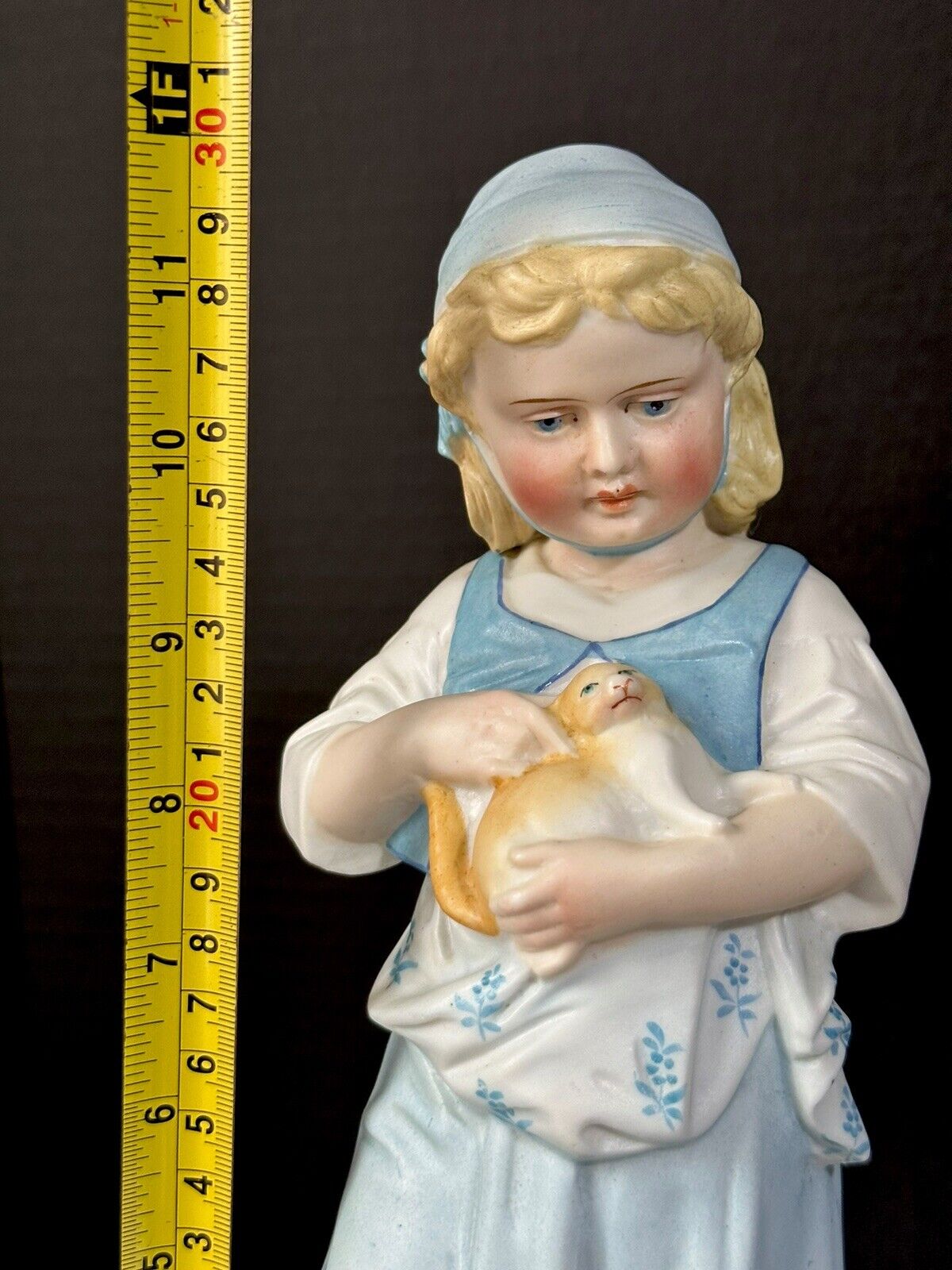 Antique Bisque Large 12” Figurine Girl Holding Cat Marked R In Blue Diamond