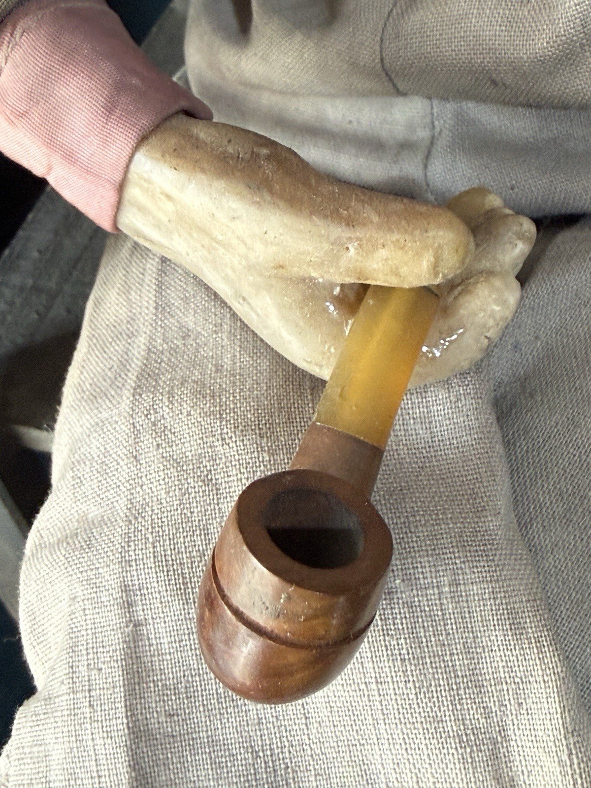 Unidentified Antique (?) Wax Doll Old Men In The Wooden Chair Smoking Pipe
