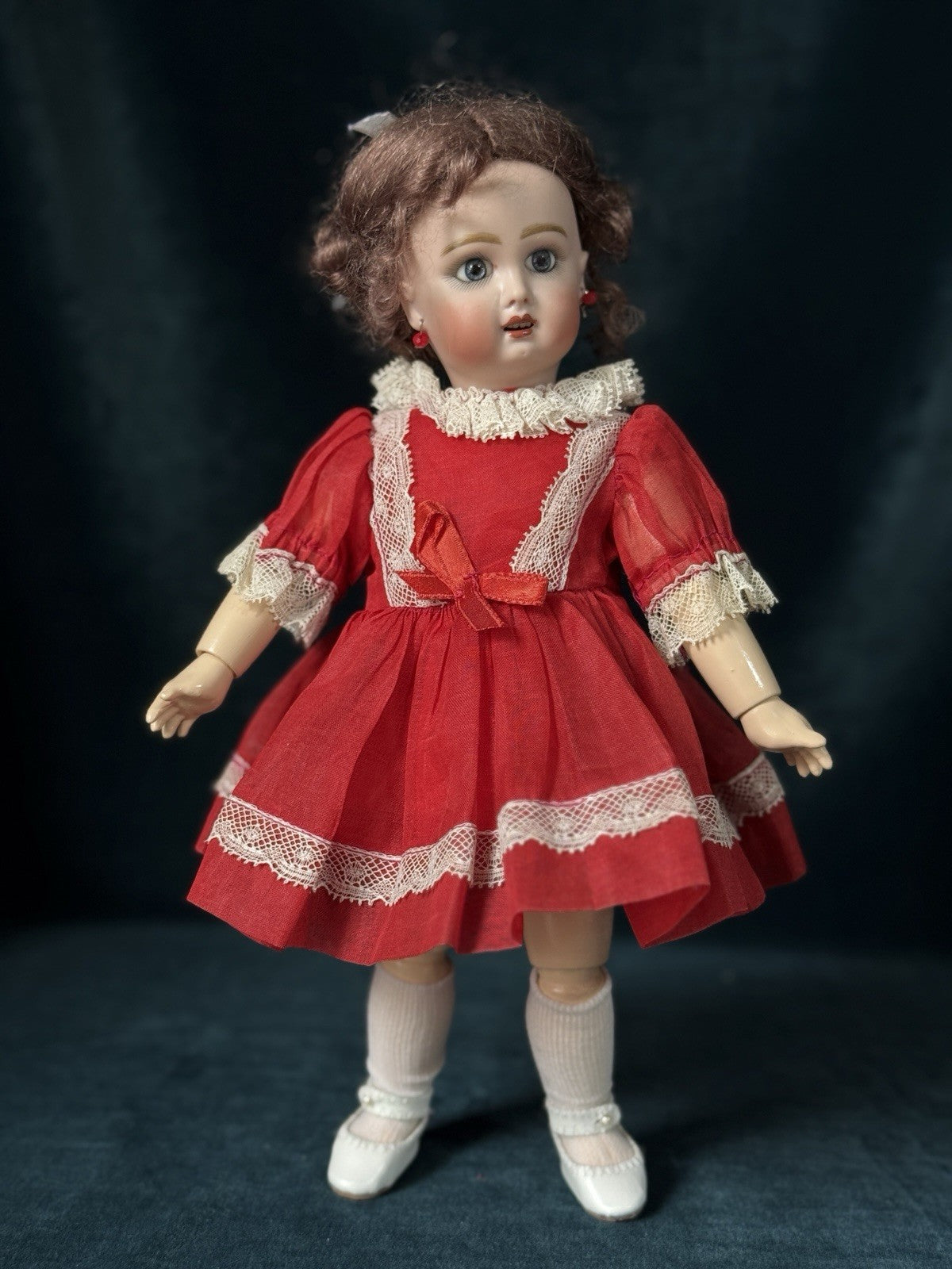 Porcelain/Composition 11” Reproduction of Antique French Bleuette Doll Red Dress