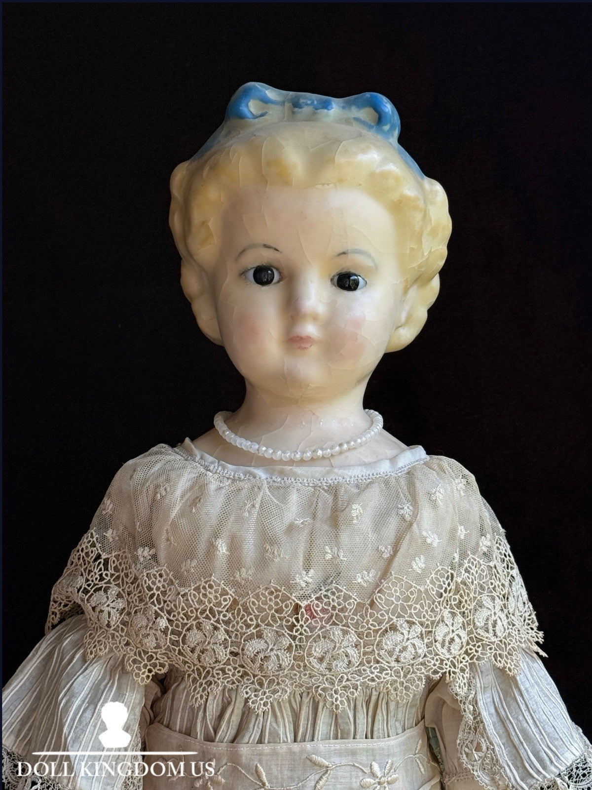 Large Antique German 30” Wax Over Papier Mache Alice Molded Bow Doll