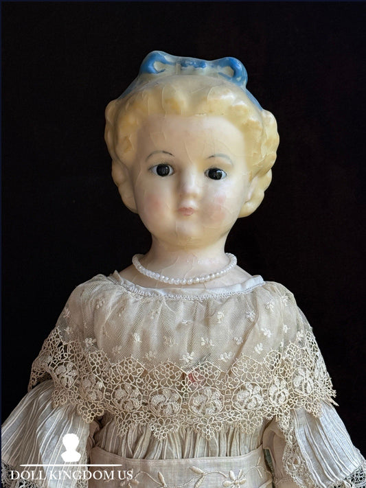 Large Antique German 30” Wax Over Papier Mache Alice Molded Bow Doll