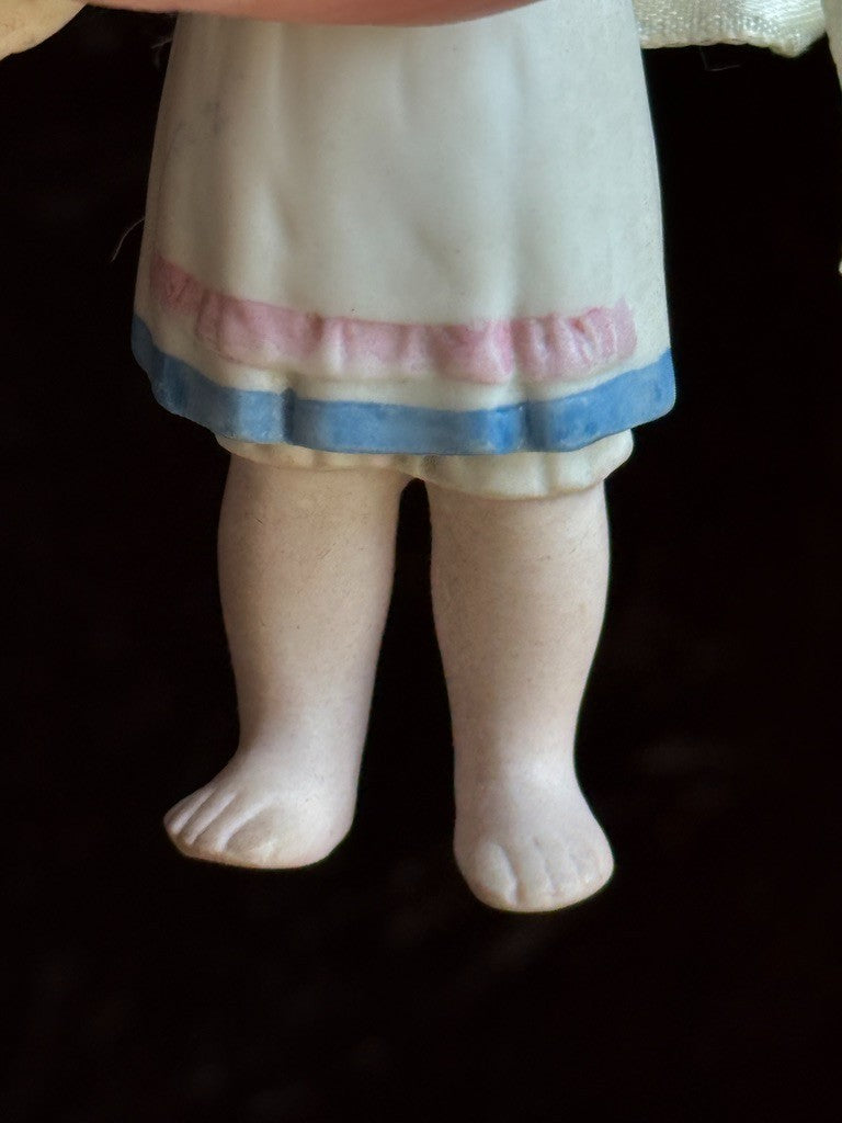 Lot of 2 Antique German 4" All Bisque Miniature Dollhouse Dolls Molded Dresses