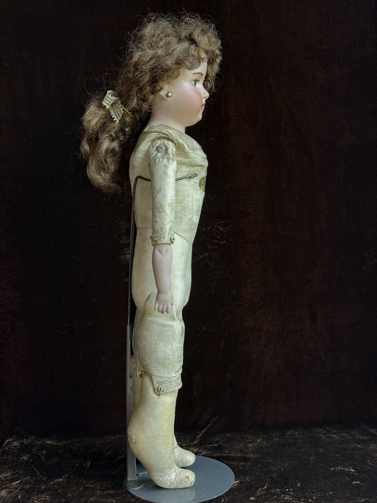 Antique German 23” Armand Marseille 370 Bisque Shoulder Head Leather Body Doll