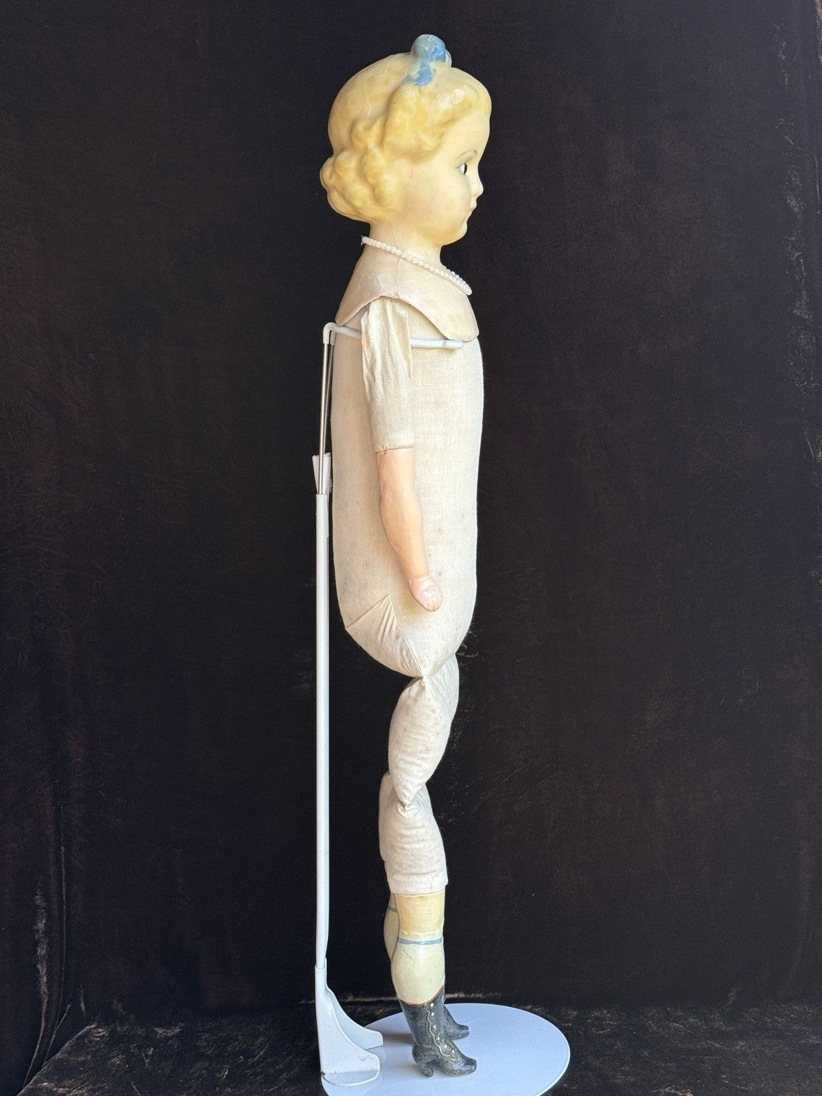 Large Antique German 30” Wax Over Papier Mache Alice Molded Bow Doll