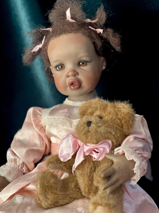 Collectible Porcelain Artist Dark Complexion 21” Baby Doll With Teddy Bear