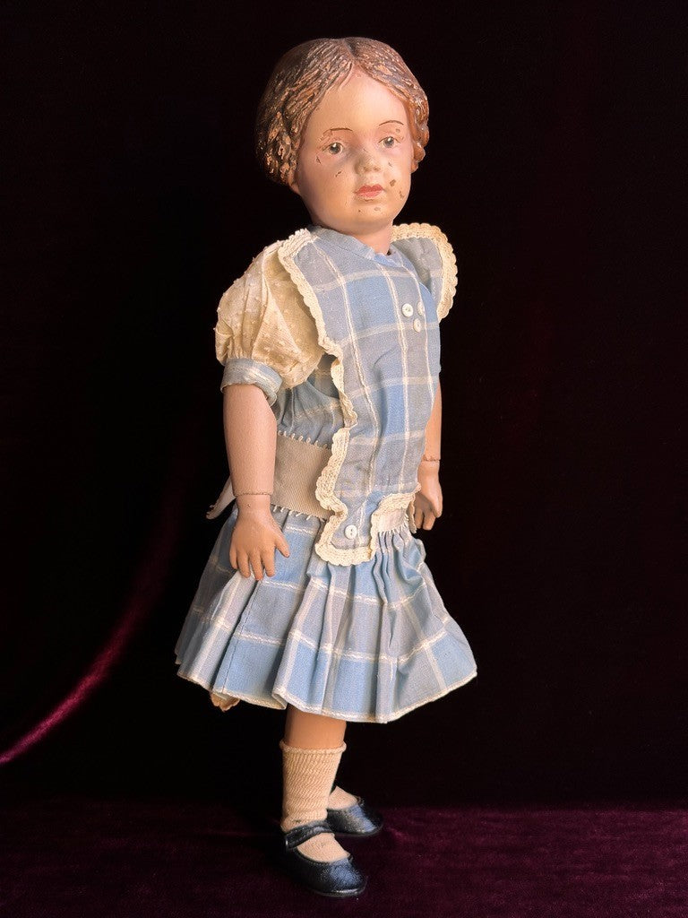 Antique American 16” Schoenhut 102 Series Wooden Doll Carved Braided Hair Bow