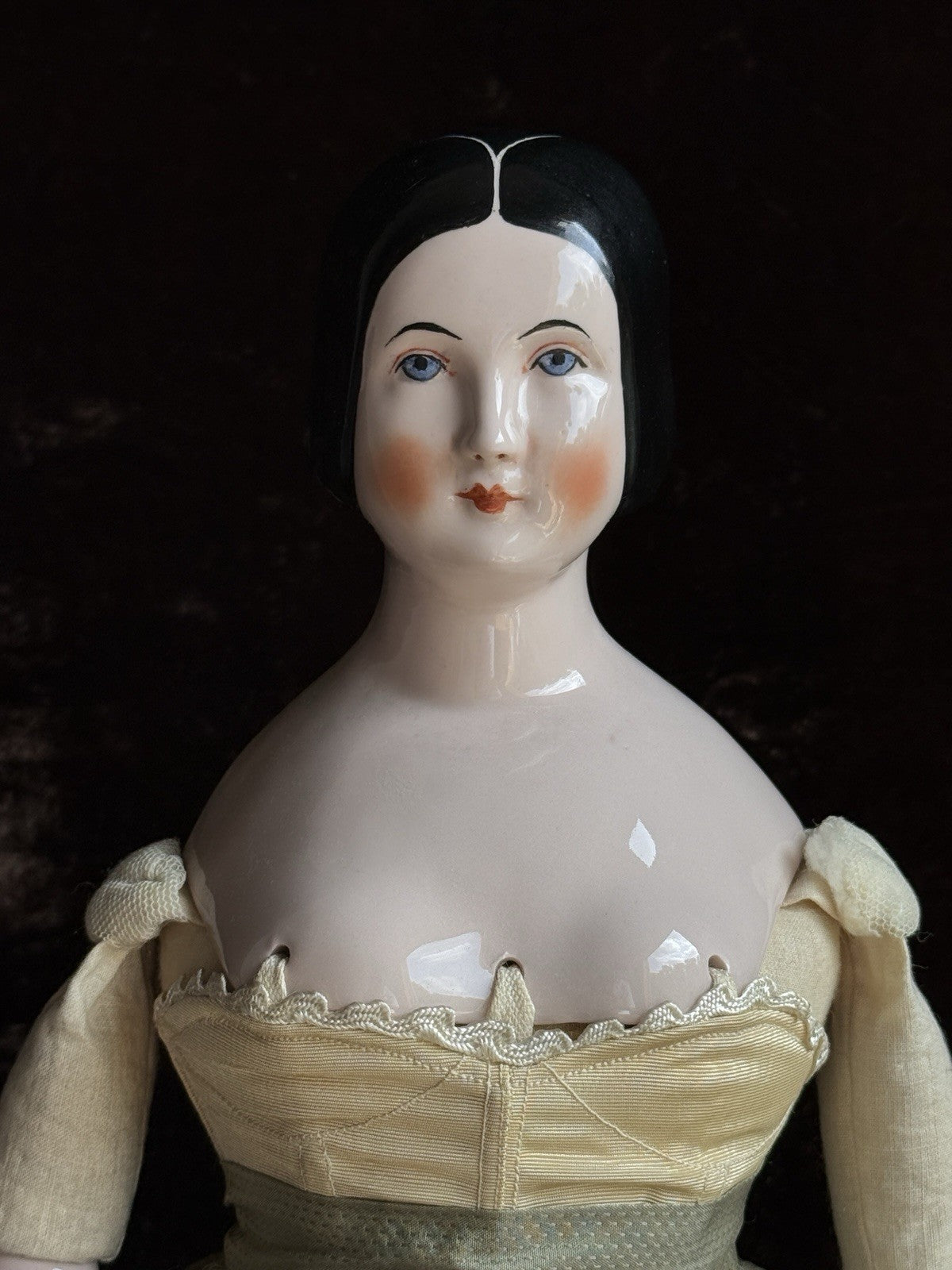 Vintage 16.5” Emma Clear Fanny Elssler China Head Doll with Molded Bun