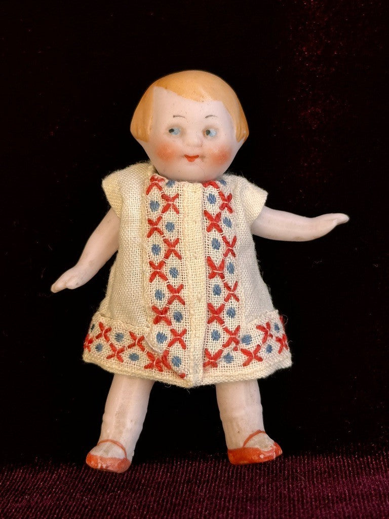 Antique German 2.75” Hertwig Dollhouse All Bisque Googly Eyes Miniature Doll