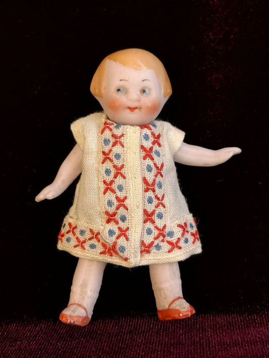 Antique German 2.75” Hertwig Dollhouse All Bisque Googly Eyes Miniature Doll