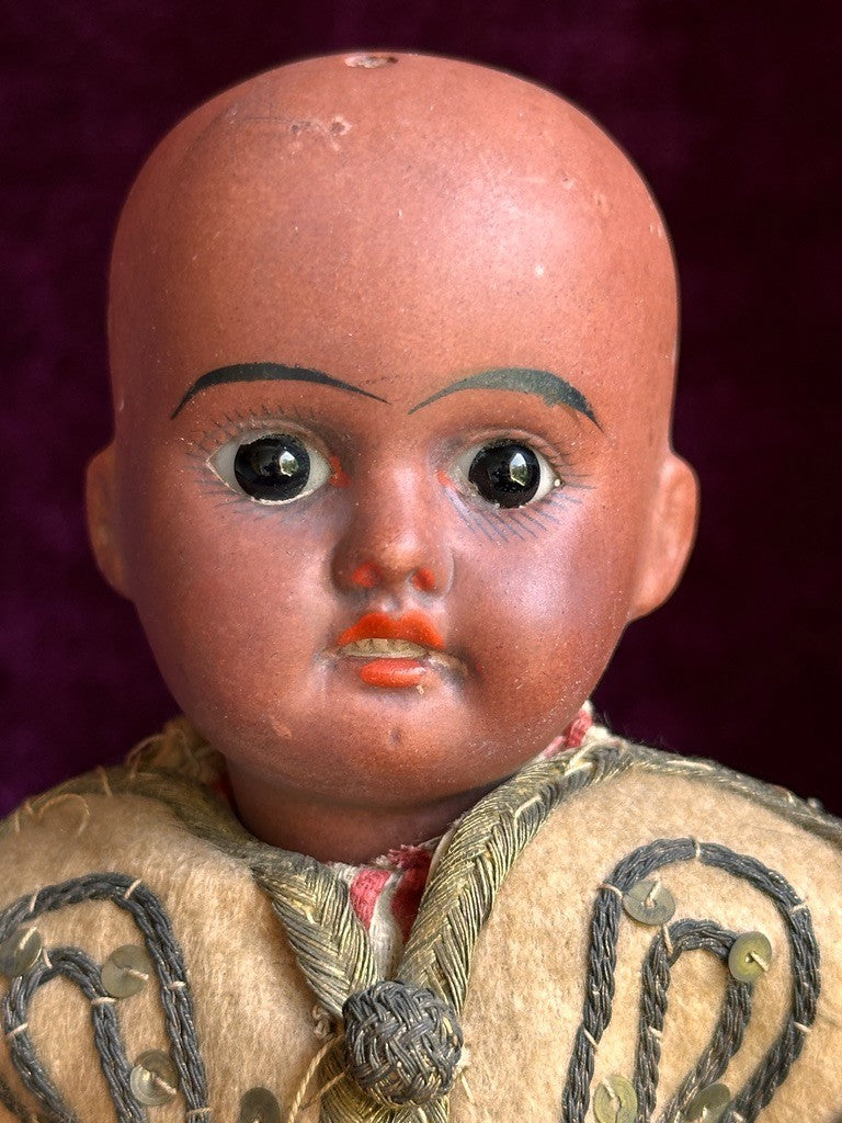 Unidentified Antique German 11” Dark Complexion Bisque Head Boy Doll