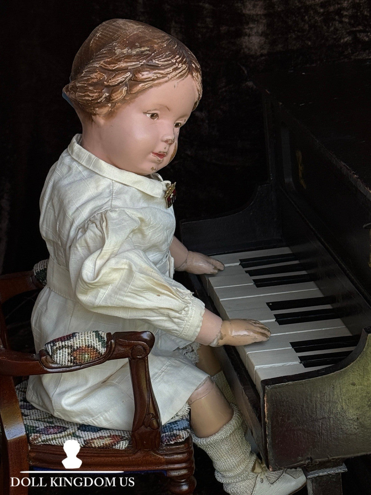 Antique American 16.5” Schoenhut 102 Series Wooden Doll Carved Braided Hair Bow