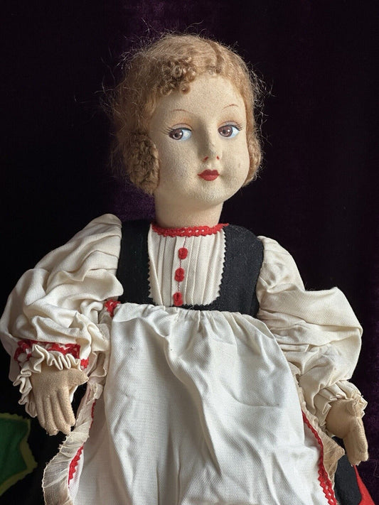 Unidentified 22” Vintage European Lenci Style Felt & Papier Mache Girl Doll