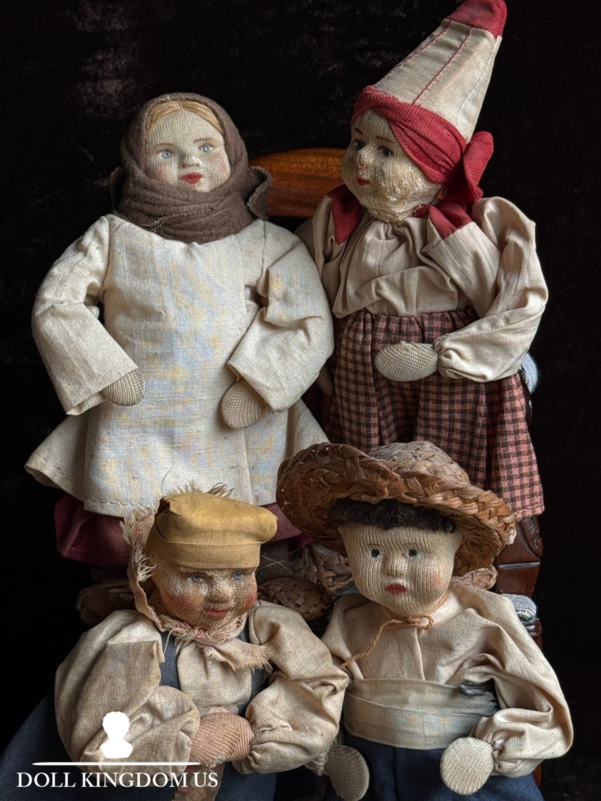 Lot of 4 Antique USSR 7” Cloth Stockinette Russian Dolls
