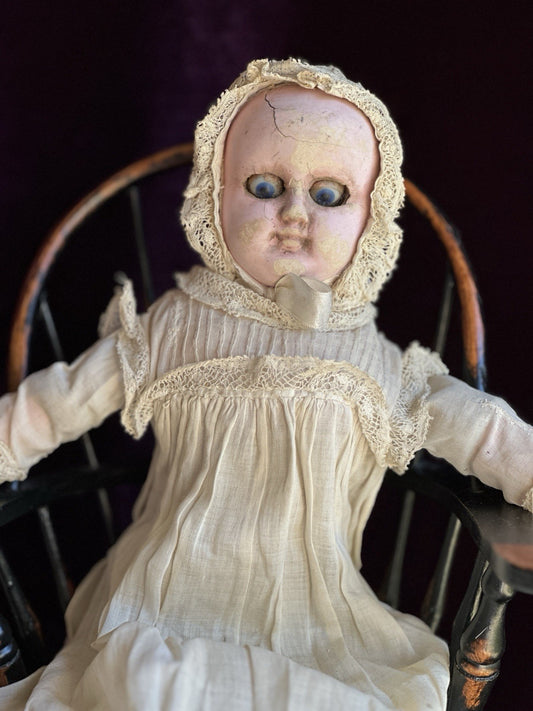 Antique German 14” Wax Over Papier Mache Baby Doll